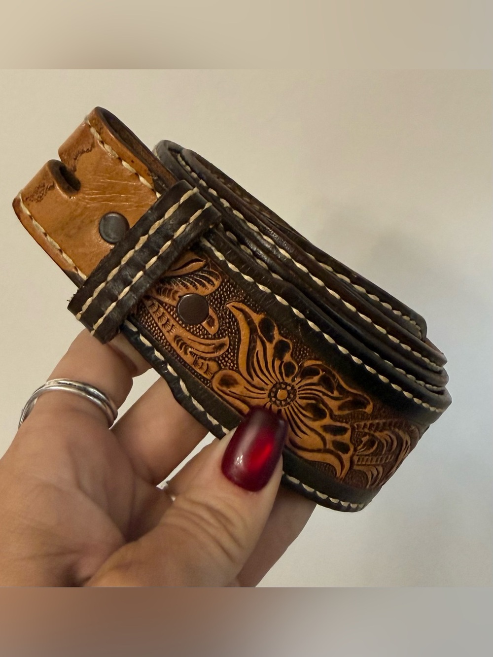 Justin Boots Brown Tooled Top Grain Cow Hide Leather Belt size 42